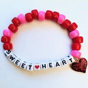 Handmade Red and Pink Sweetheart Glitter Heart Charm Kandi Bracelet